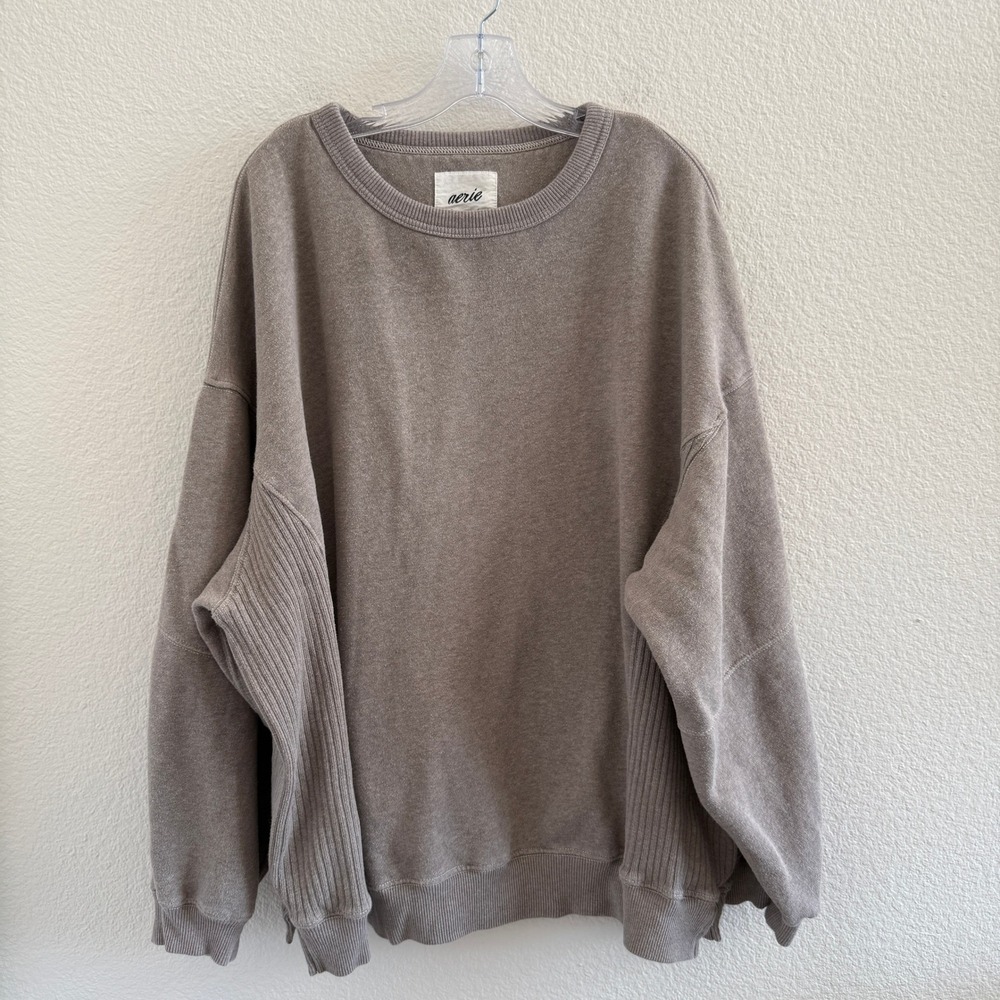 Aerie Oversized Crewneck Sweatshirt Taupe Brown Ribbed Side Panel XL